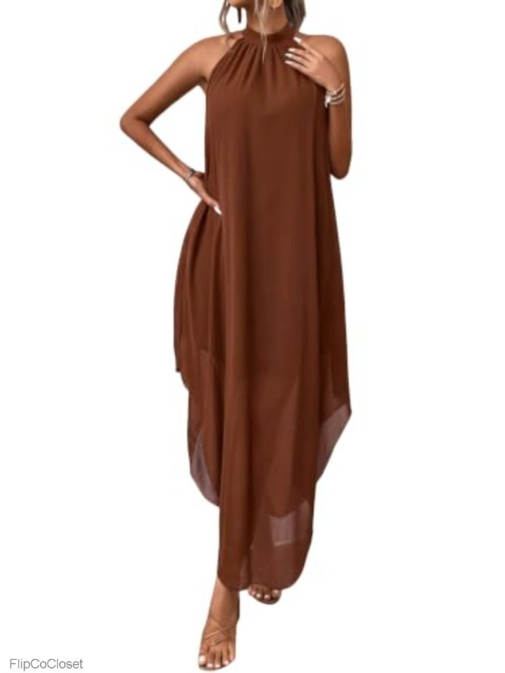 Formal Halter Chiffon Maxi Dress Flowy A-Line Sleeveless Wedding Guest